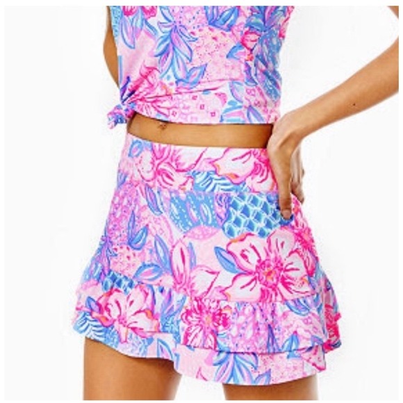 Lilly Pulitzer UPF 50 Luxletic Fern Ruffle Skort Pink Isle Snappy Turtle Tennis